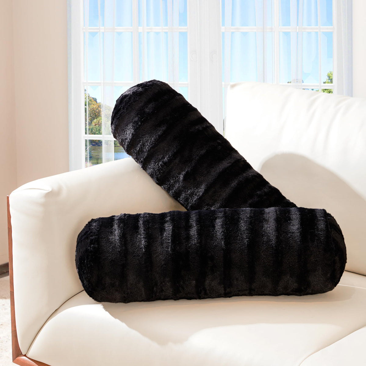 Cheer Collection Faux Fur Bolster Pillows – Soft Decorative Cylinder Pillows for Bed or Couch, Machine Washable – 8” x 24”, Set of 2, Snow Leopard