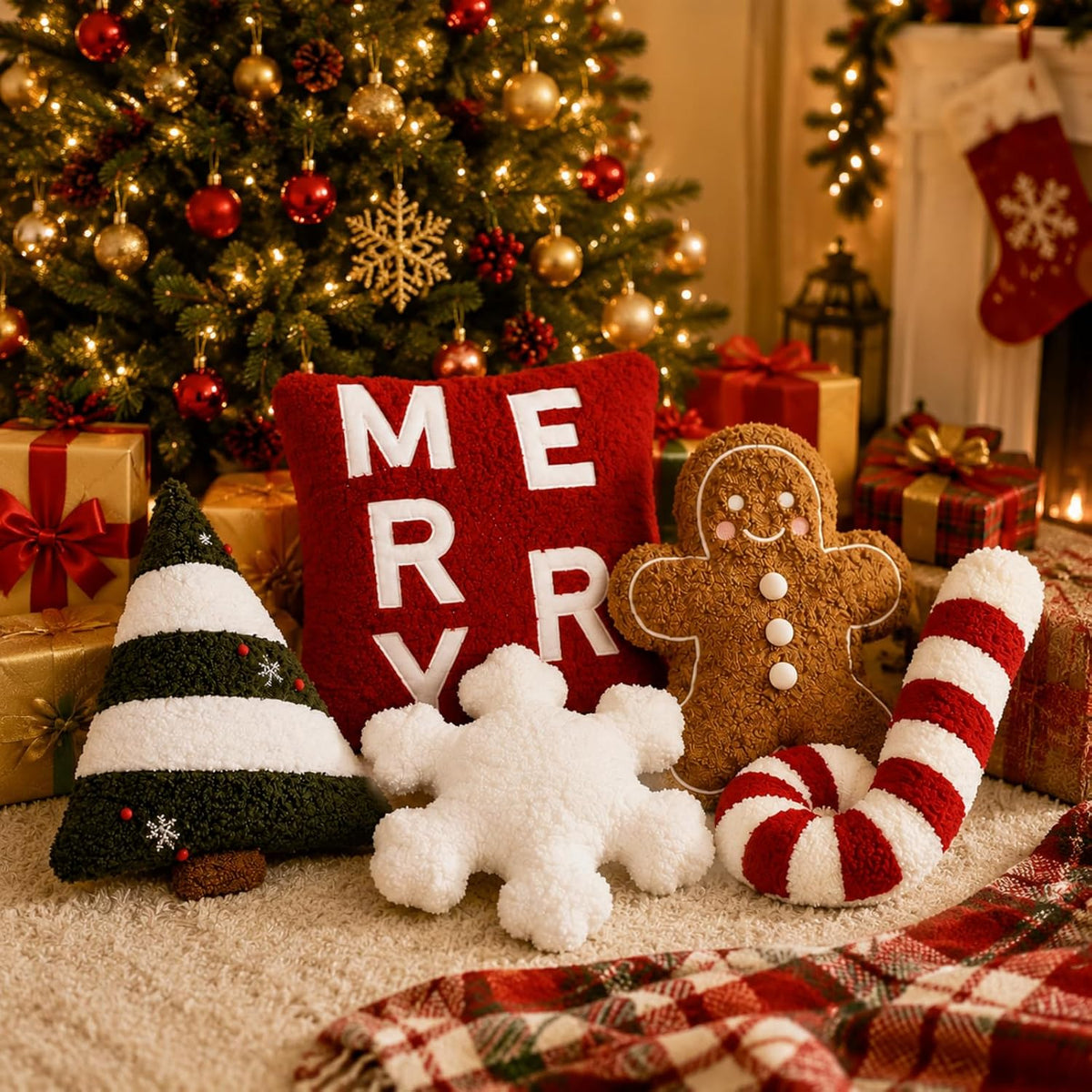 Geelin 5 Pcs Christmas Throw Pillows Gingerbread Xmas Tree Snowflake Candy