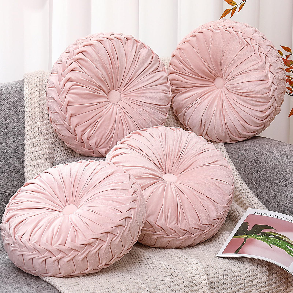Beeveer 2 Pcs Round Throw Pillows Velvet Pleated Pillows, Ivory