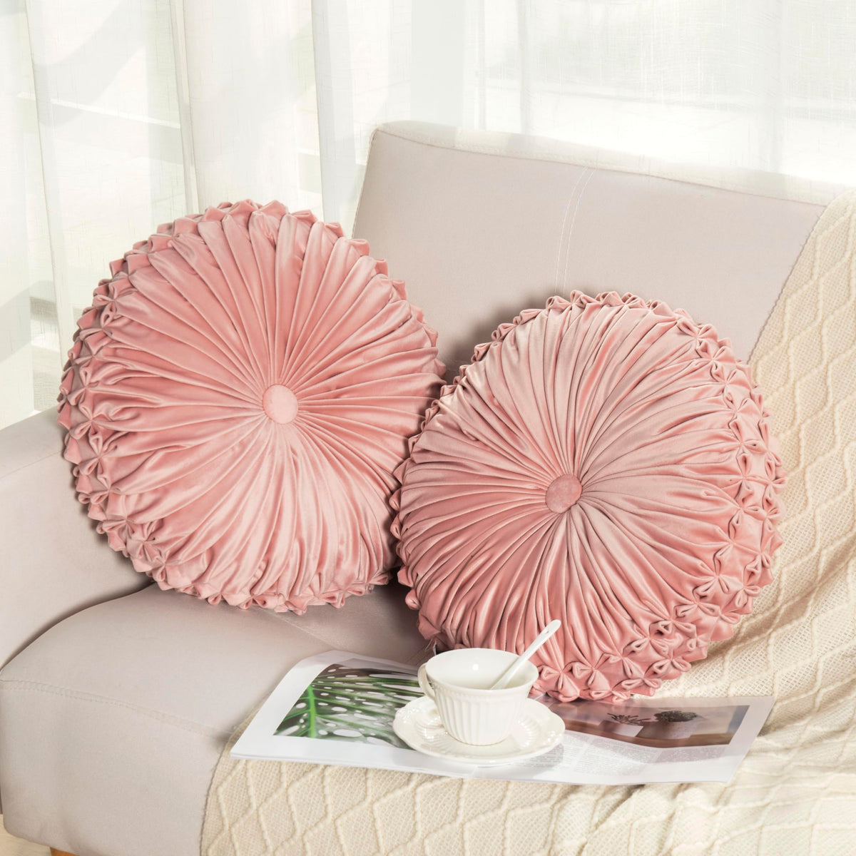 Round Throw Pillow Set of 2 – Decorative Velvet Ruched Pumpkin Pillows with Button Center, Soft Handmade Cushions for Couch Sofa Bed Farmhouse Vintage Rustic Decor, 14.5" R, Yellow