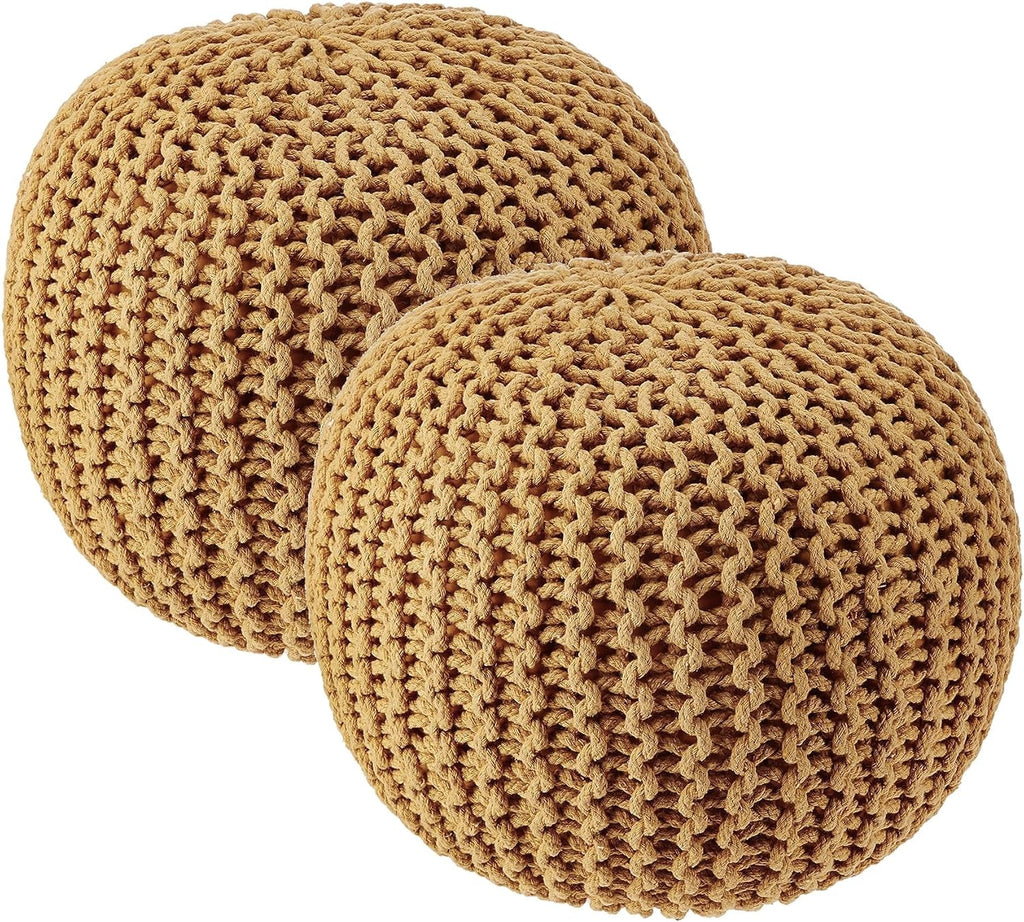 · REDEARTH · Round Pouf Ottoman - Hand Knitted Boho Poof - Mustard, Set of 2