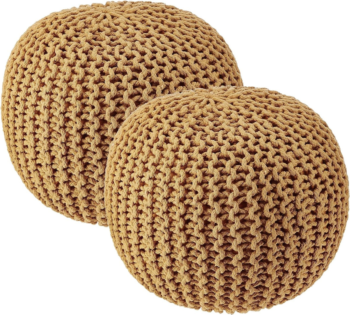 · REDEARTH · Round Pouf Ottoman - Hand Knitted Boho Poof - Mustard, Set of 2
