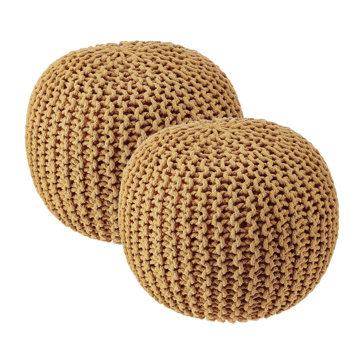 · REDEARTH · Round Pouf Ottoman - Hand Knitted Boho Poof - Mustard, Set of 2