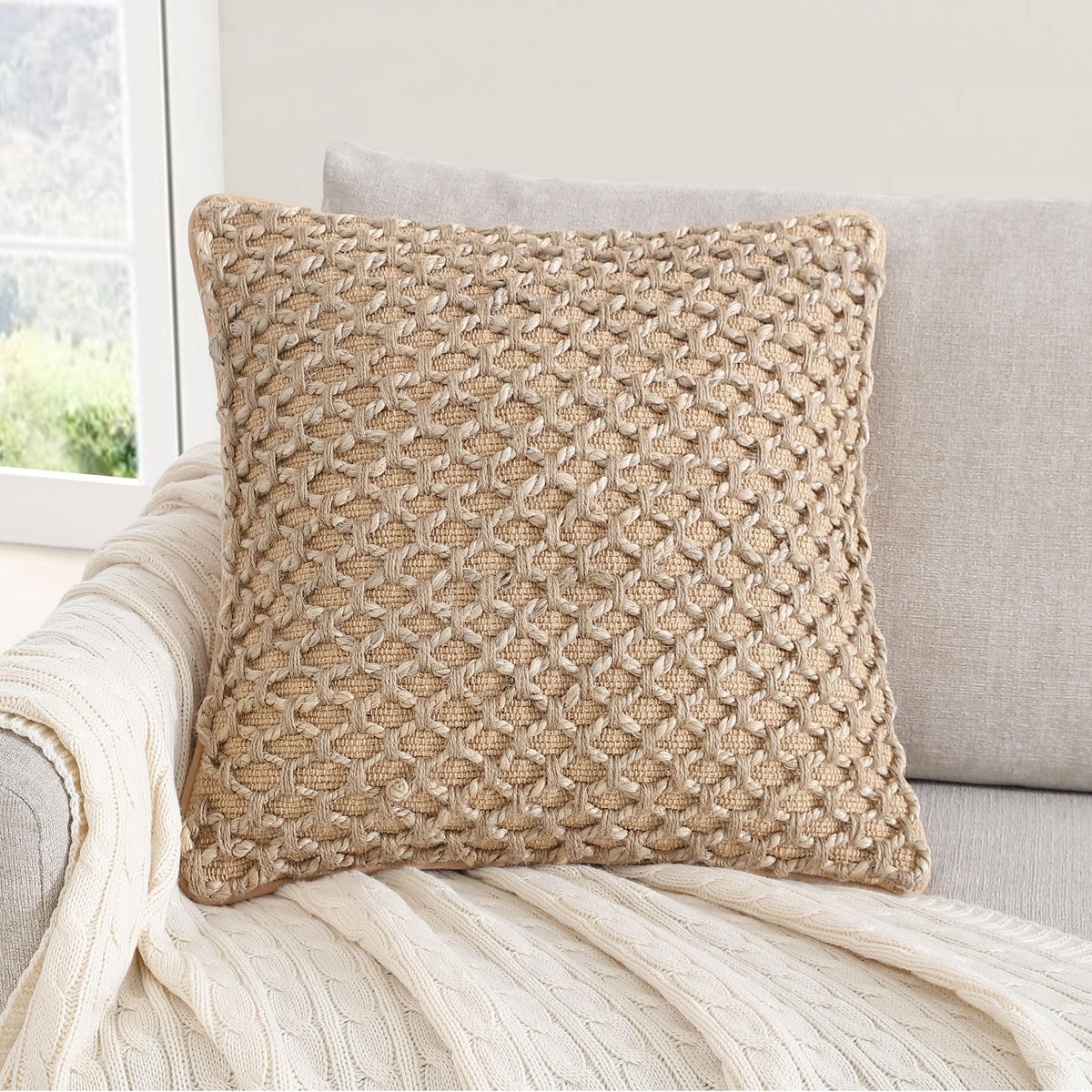 Boho Living Jada Decorative Throw, Includes Accent, Premium Woven Design, Living Room Décor, (1) 20" x 20" Pillow Cover with Insert, White