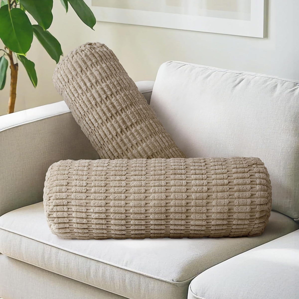 AELS Corduroy Striped Cylinder Pillows, 8" x 24" Decorative Bolster Pillows with Removable Washable Cover and Insert, Body Pillow for Couch and Bed, Living Room Bedroom Nursery Decor, Sand