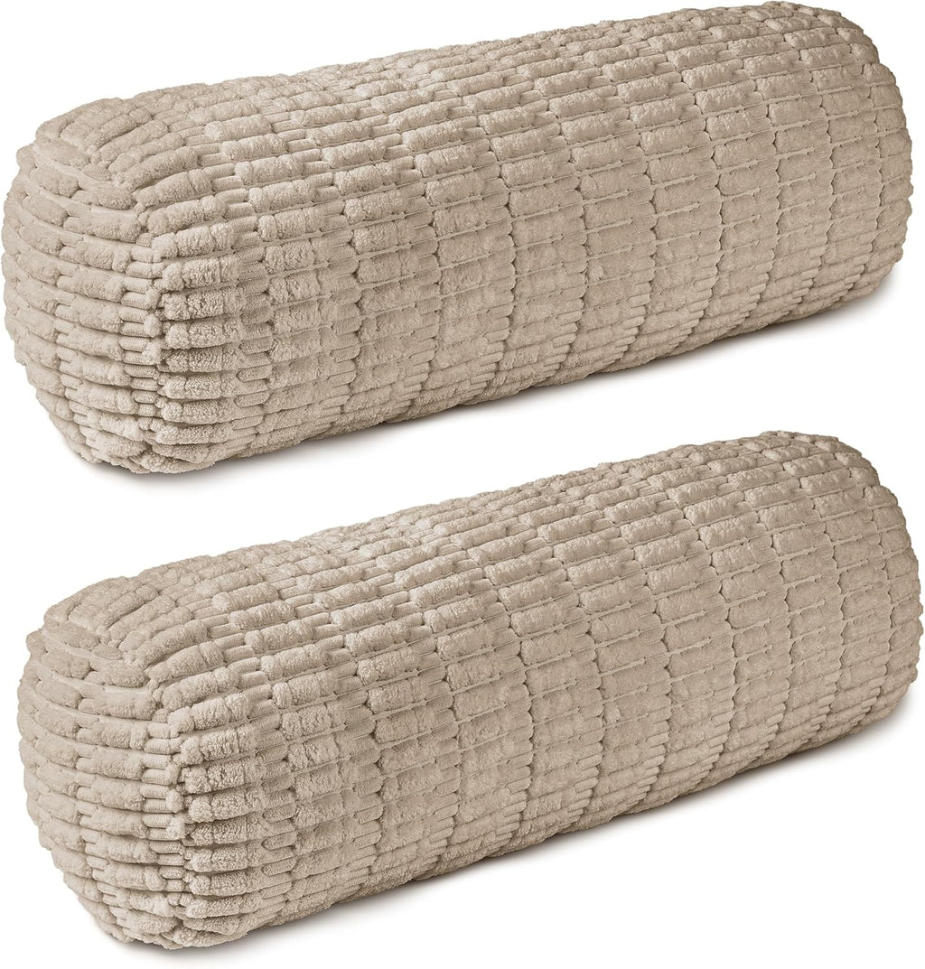 AELS Corduroy Striped Cylinder Pillows, 8" x 24" Decorative Bolster Pillows with Removable Washable Cover and Insert, Body Pillow for Couch and Bed, Living Room Bedroom Nursery Decor, Sand