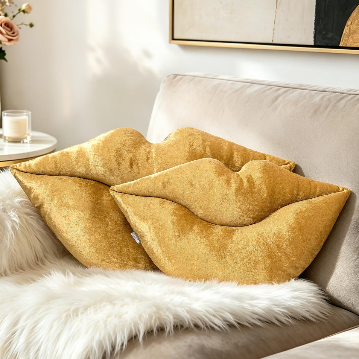 AELS 3D Large Lips Throw Pillows Smooth Soft Velvet Decorative Throw Pillows Love Pillows Cute Pillow 24 X 12 inches for Couch Sofa Bed Living Room Bedroom, Gold