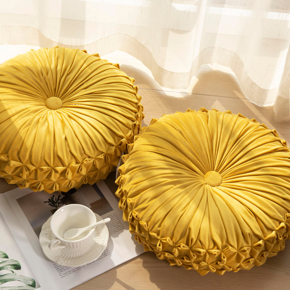 Round Throw Pillow Set of 2 – Decorative Velvet Ruched Pumpkin Pillows with Button Center, Soft Handmade Cushions for Couch Sofa Bed Farmhouse Vintage Rustic Decor, 14.5" R, Yellow