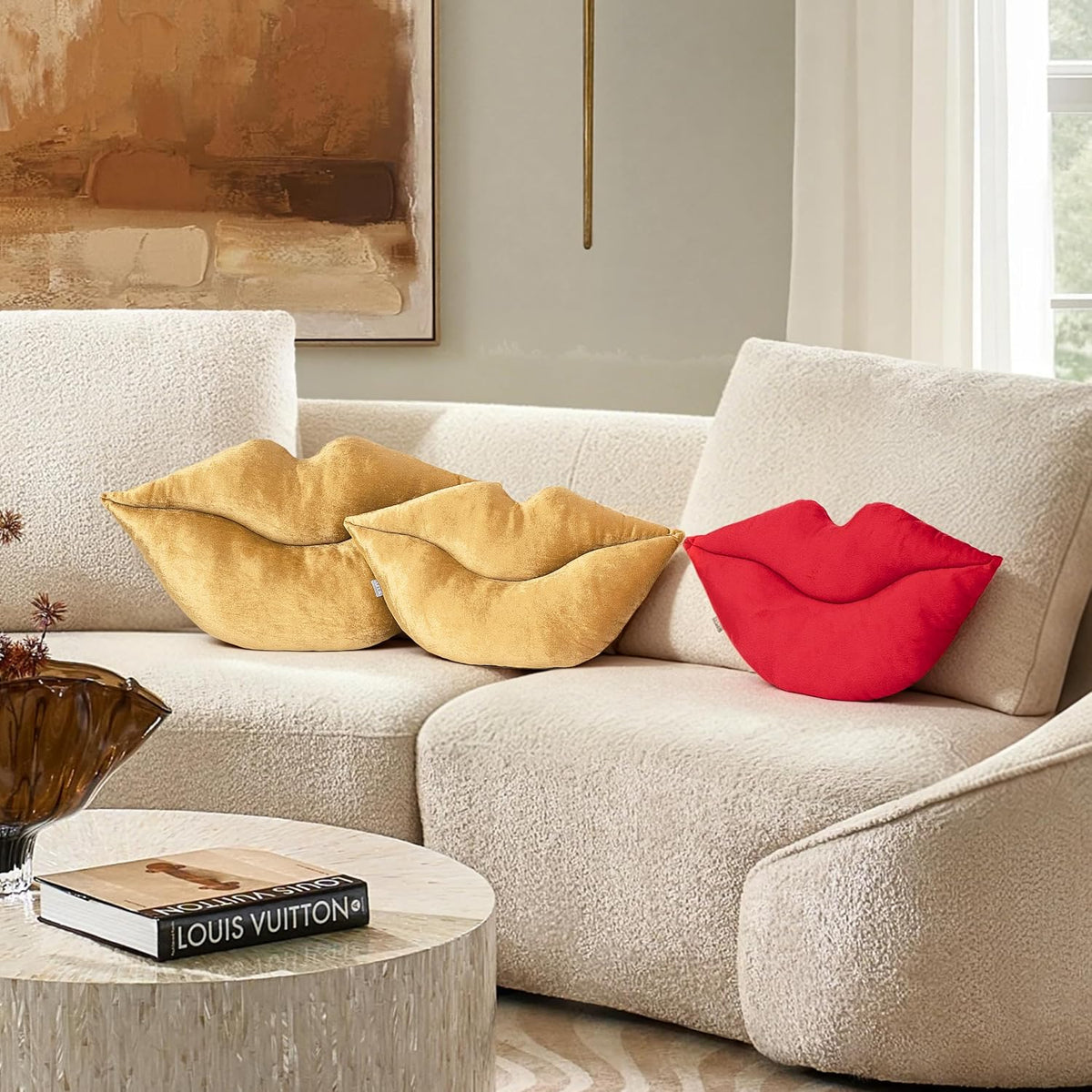 AELS 3D Large Lips Throw Pillows Smooth Soft Velvet Decorative Throw Pillows Love Pillows Cute Pillow 24 X 12 inches for Couch Sofa Bed Living Room Bedroom, Gold