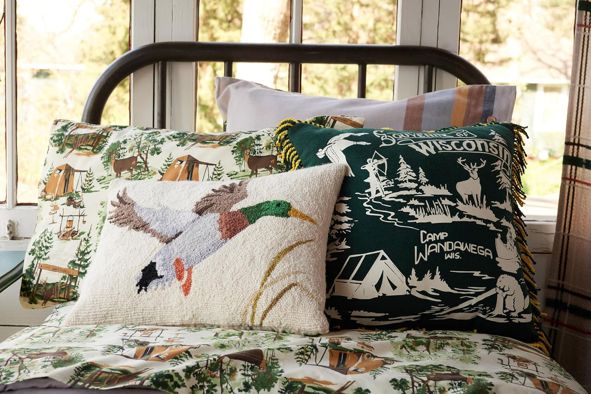Camp Wandawega Mallard Duck Wool Hook Throw Pillow - Vintage Lodge Cabin Decorative Pillow, Hand-Hooked Oblong 16 x 20 Inch, Lake House Rustic Hunting Decor by Makers Collective