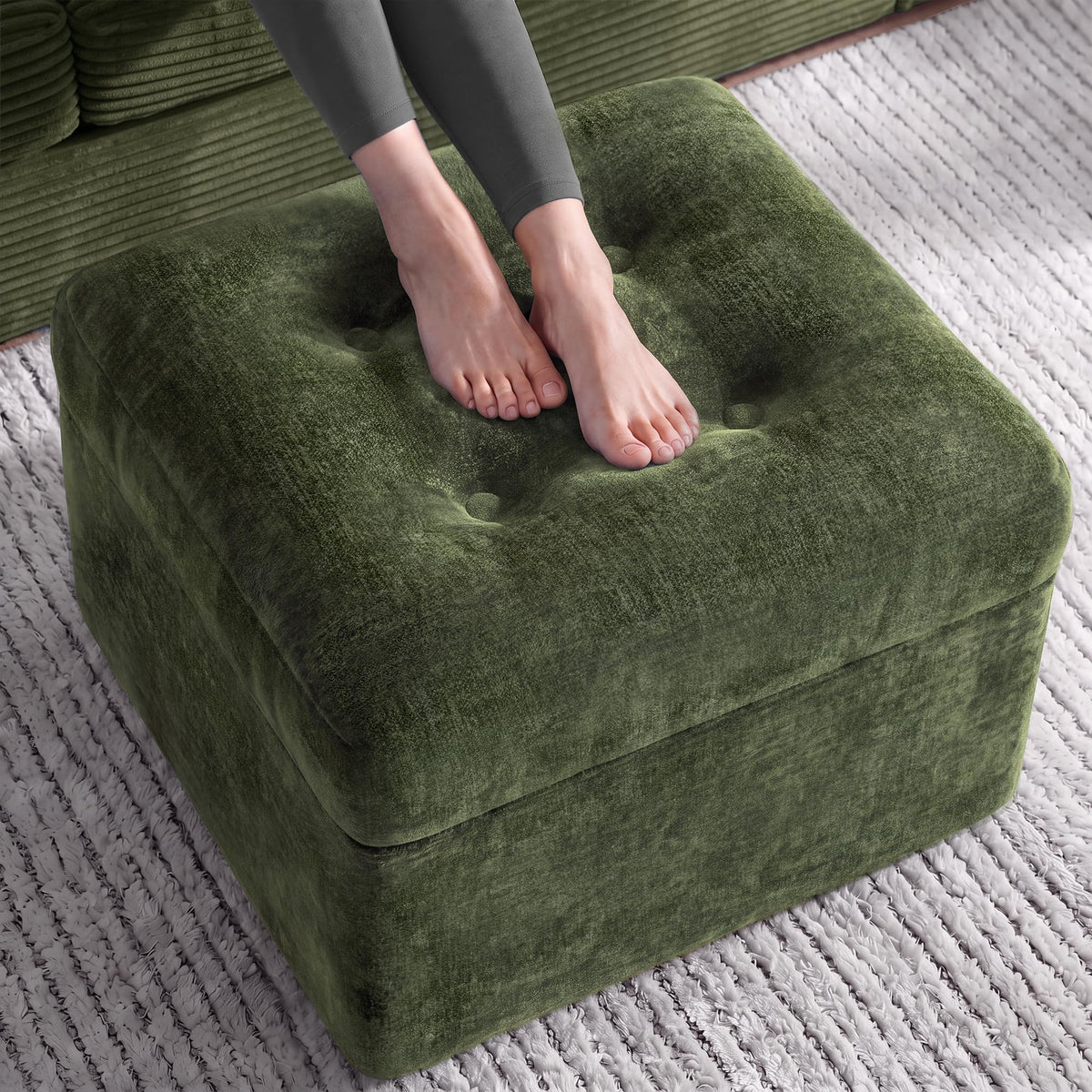 23.6in Pouf Ottoman, Chenille Ottoman Foot Rest with Dual‑Layer Support, Large Plush Pouf with Soft Chunk‑Foam Top & Firm Foam Base, Floor Foot Stool for Living Room, Beige