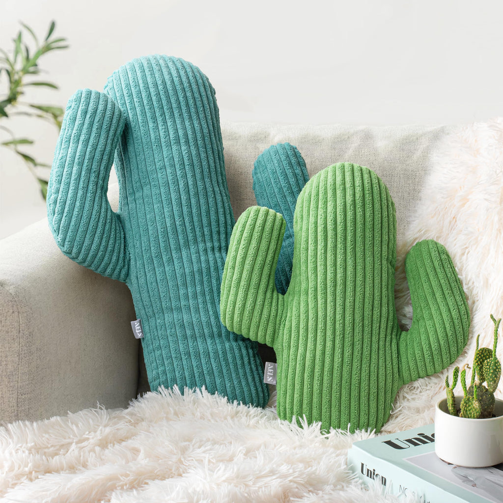 AELS Set of 2 Cactus Decorative Throw Pillows, 22"&14" Corduroy Striped Cactus Plush Pillow Set, Office Nap Pillow, Cute Succulent Throw Pillow for Nursery Bedroom Room Decor, Grass Green & Lime Green
