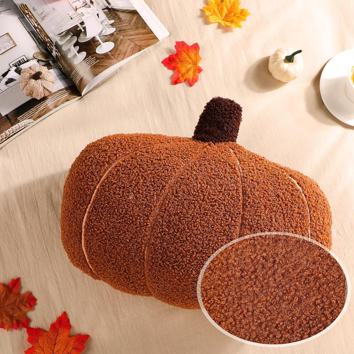 Wonderjune Fall Pumpkin Throw Pillow 14 x 9 Inch 3D Simulated Plush Pumpkin Shape Stuffed Throw Pillow for Sofa Cushion Couch Home Thanksgiving Decoration(Orange)