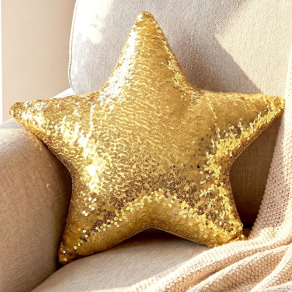 Gold Star Pillow Sequin Throw Pillows 15" Decorative Soft Fluffy