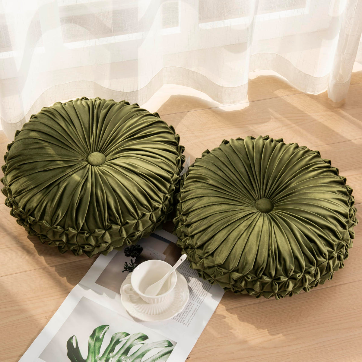 Round Throw Pillow Set of 2 – Decorative Velvet Ruched Pumpkin Pillows with Button Center, Soft Handmade Cushions for Couch Sofa Bed Farmhouse Vintage Rustic Decor, 14.5" R, Yellow
