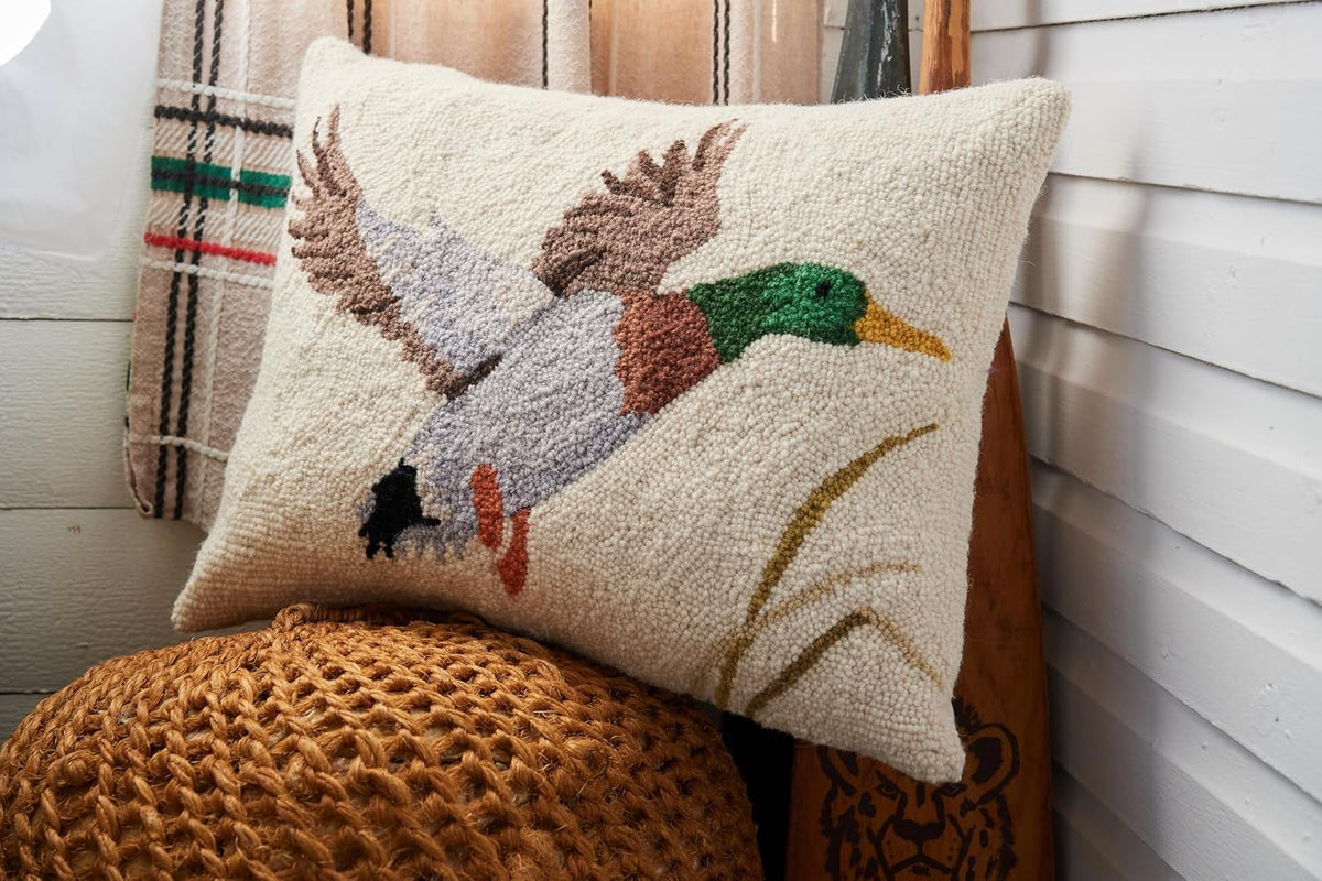 Camp Wandawega Mallard Duck Wool Hook Throw Pillow - Vintage Lodge Cabin Decorative Pillow, Hand-Hooked Oblong 16 x 20 Inch, Lake House Rustic Hunting Decor by Makers Collective