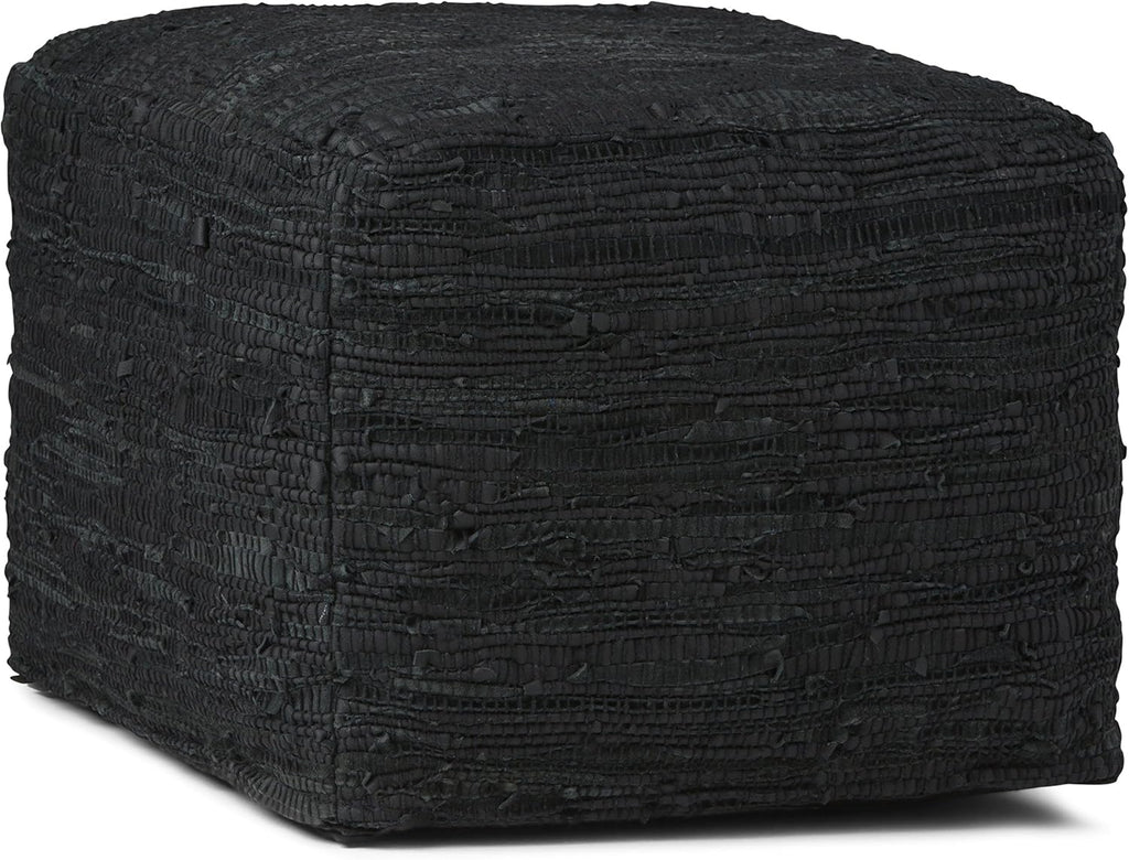 SIMPLIHOME Fredrik 18" Wide Square Pouf in Black Genuine Woven Leather