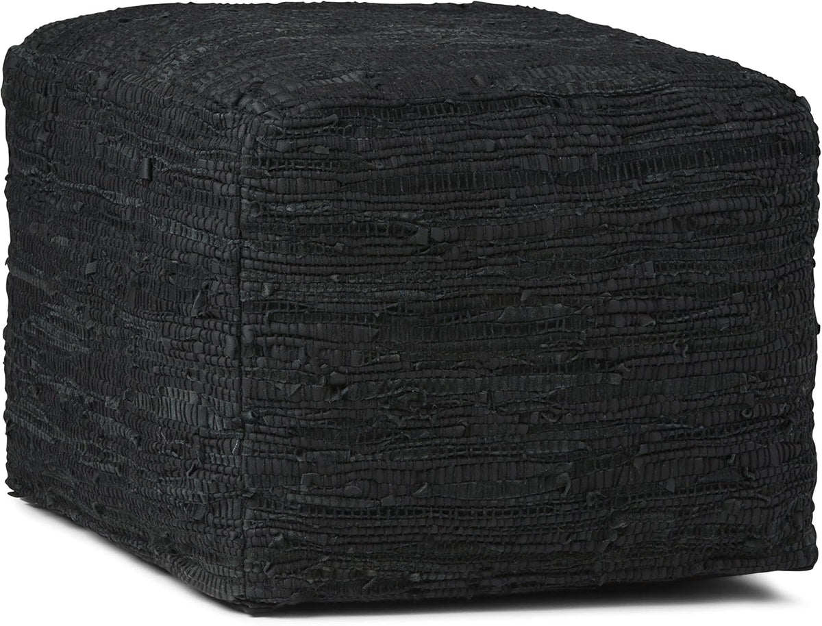 SIMPLIHOME Fredrik 18" Wide Square Pouf in Black Genuine Woven Leather
