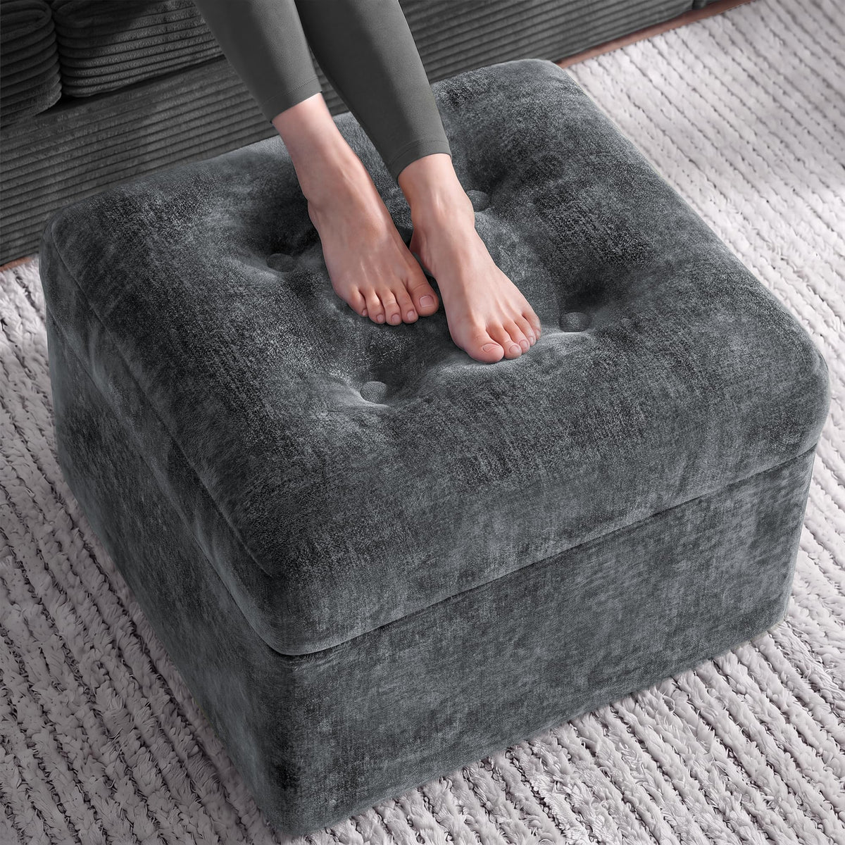 23.6in Pouf Ottoman, Chenille Ottoman Foot Rest with Dual‑Layer Support, Large Plush Pouf with Soft Chunk‑Foam Top & Firm Foam Base, Floor Foot Stool for Living Room, Beige