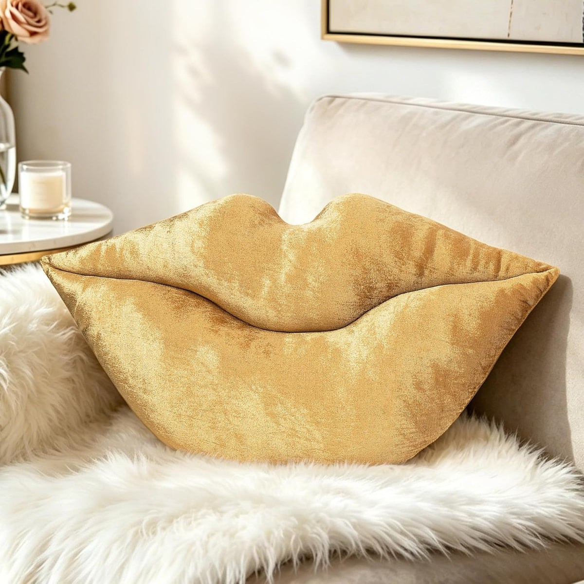 AELS 3D Large Lips Throw Pillows Smooth Soft Velvet Decorative Throw Pillows Love Pillows Cute Pillow 24 X 12 inches for Couch Sofa Bed Living Room Bedroom, Gold
