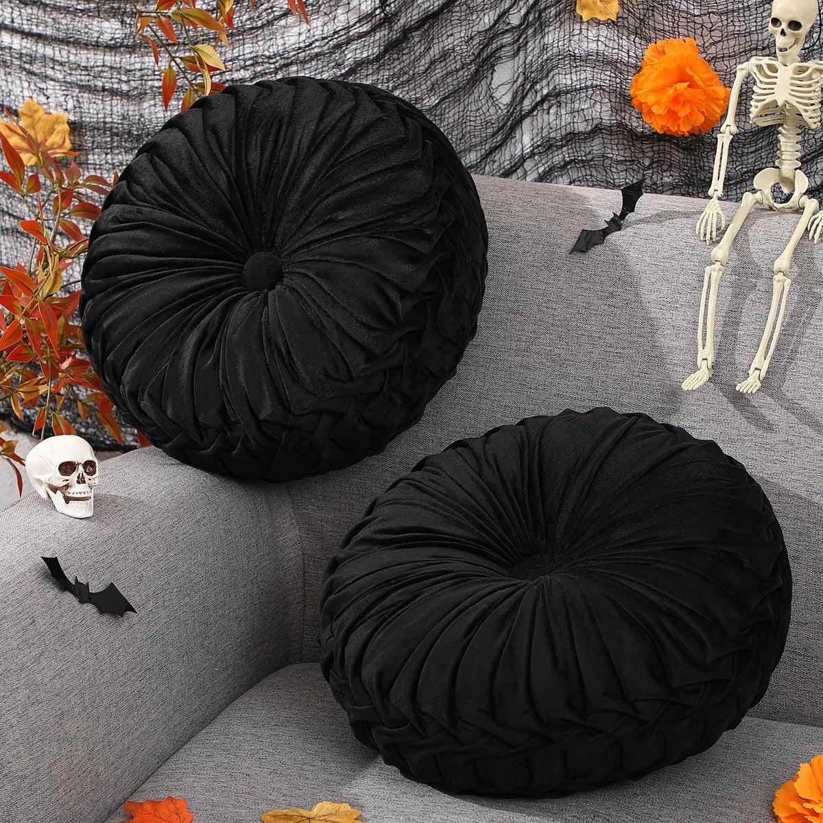 Beeveer 2 Pcs Round Throw Pillows Velvet Pleated Pillows, Ivory