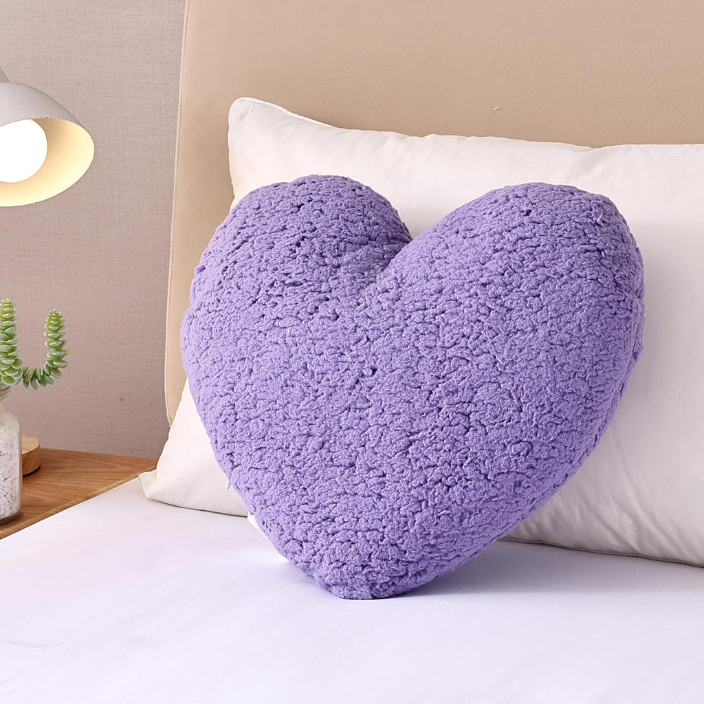 EVOLIVE Heart-Shaped Sherpa Pillow 15"x17" Soft Plush Cushion (Lavender)