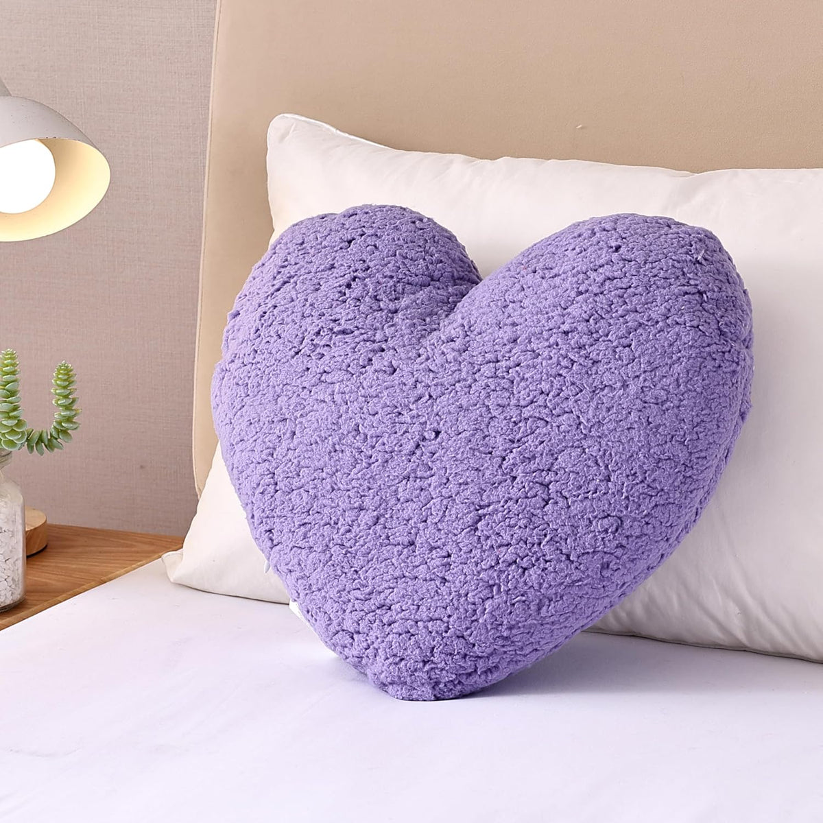 EVOLIVE Heart-Shaped Sherpa Pillow 15"x17" Soft Plush Cushion (Lavender)