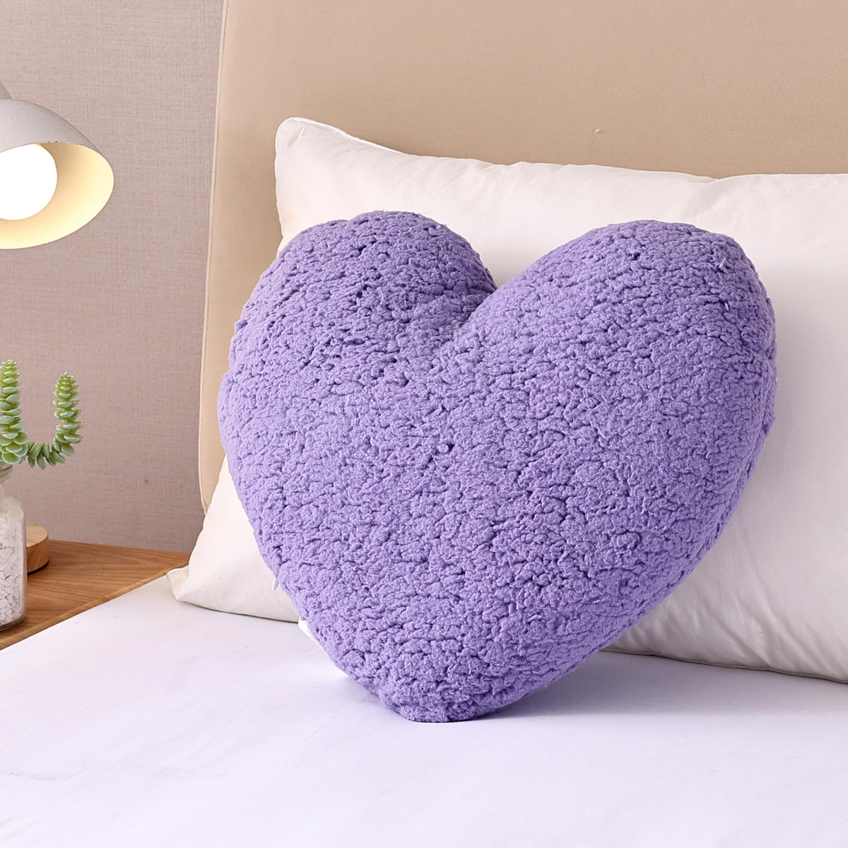 EVOLIVE Heart-Shaped Sherpa Pillow 15"x17" Soft Plush Cushion (Lavender)