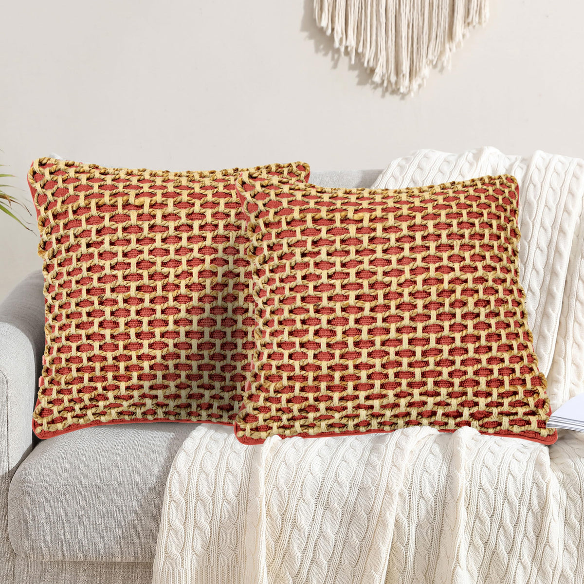 Boho Living Jada Decorative Throw, Includes Accent, Premium Woven Design, Living Room Décor, (1) 20" x 20" Pillow Cover with Insert, White