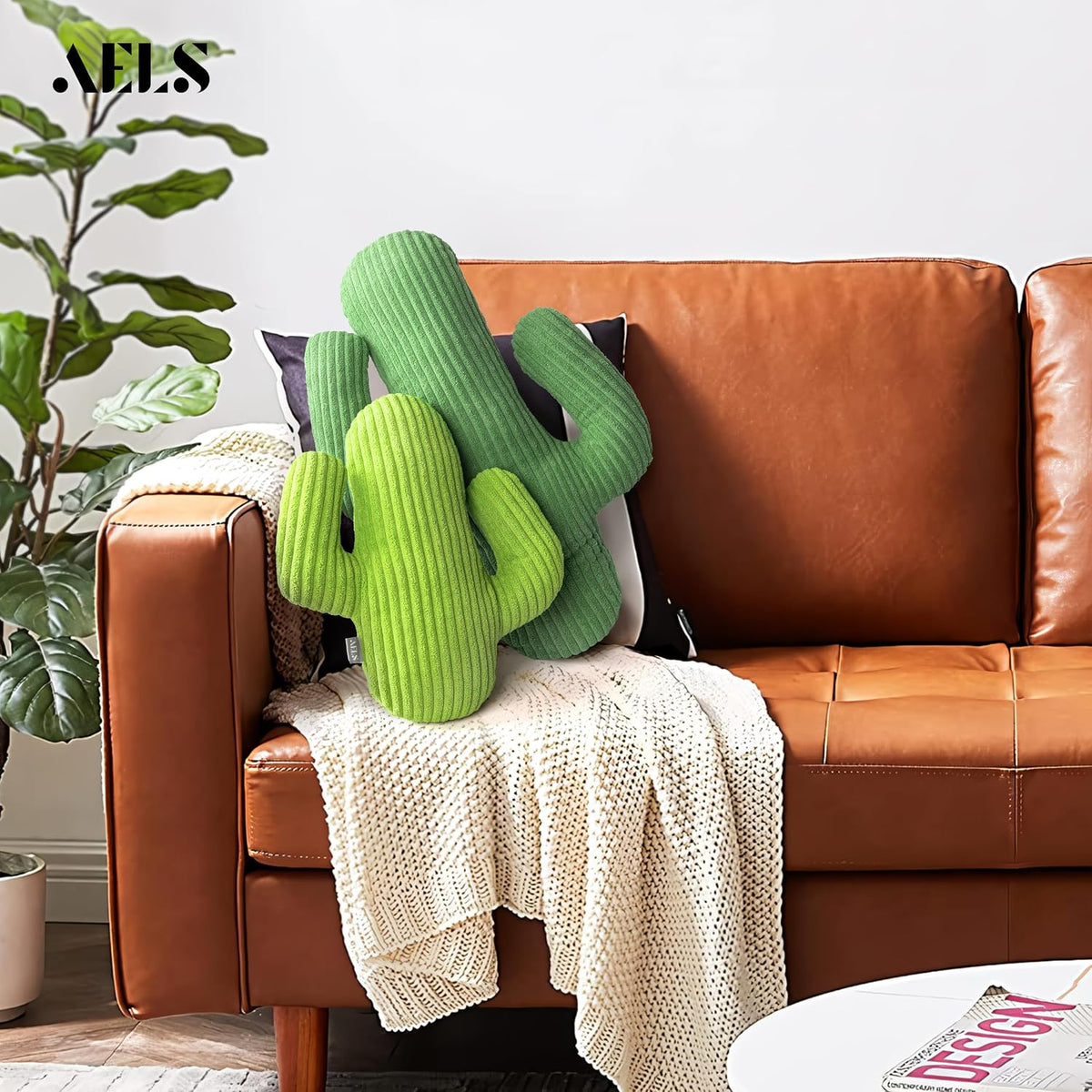 AELS Set of 2 Cactus Decorative Throw Pillows, 22"&14" Corduroy Striped Cactus Plush Pillow Set, Office Nap Pillow, Cute Succulent Throw Pillow for Nursery Bedroom Room Decor, Grass Green & Lime Green