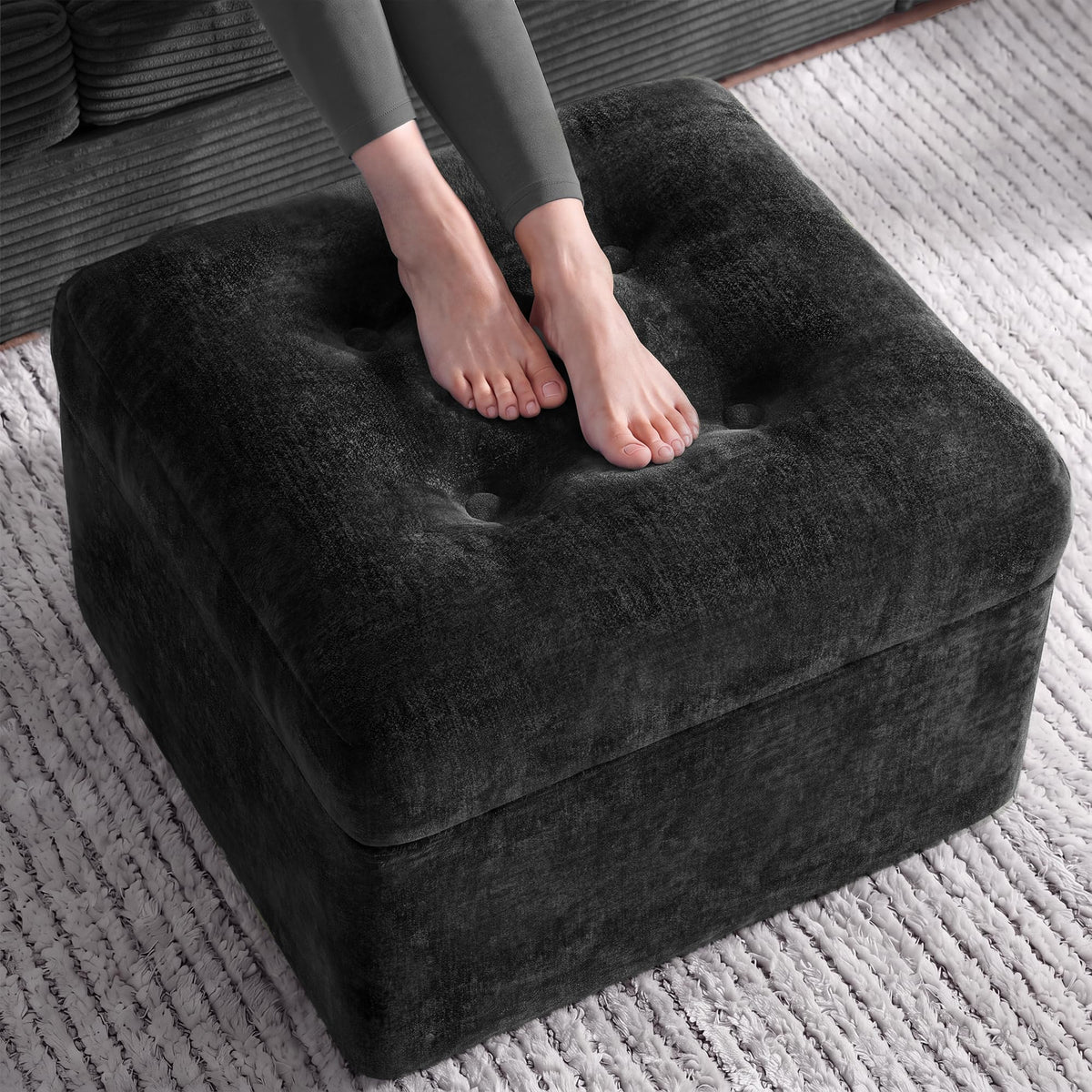 23.6in Pouf Ottoman, Chenille Ottoman Foot Rest with Dual‑Layer Support, Large Plush Pouf with Soft Chunk‑Foam Top & Firm Foam Base, Floor Foot Stool for Living Room, Beige