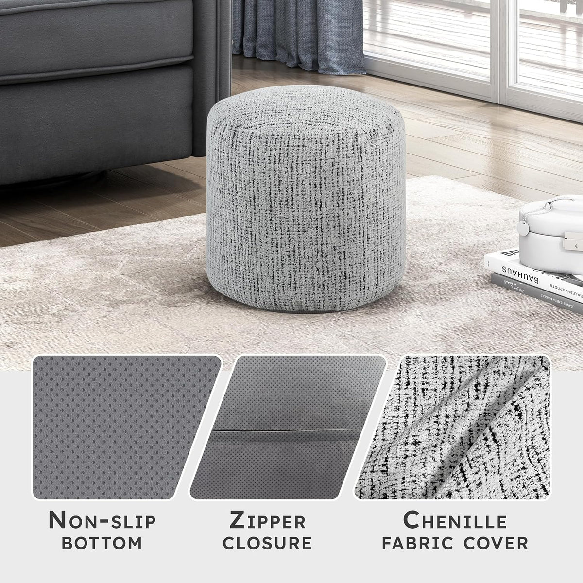 Lexicon Pouf Ottoman, Round Ottoman Foot Rest, Chenille Fabric Pouf, Small Foot Stools for Couch with Filling for Living Room/Bedroom, Multi-Color