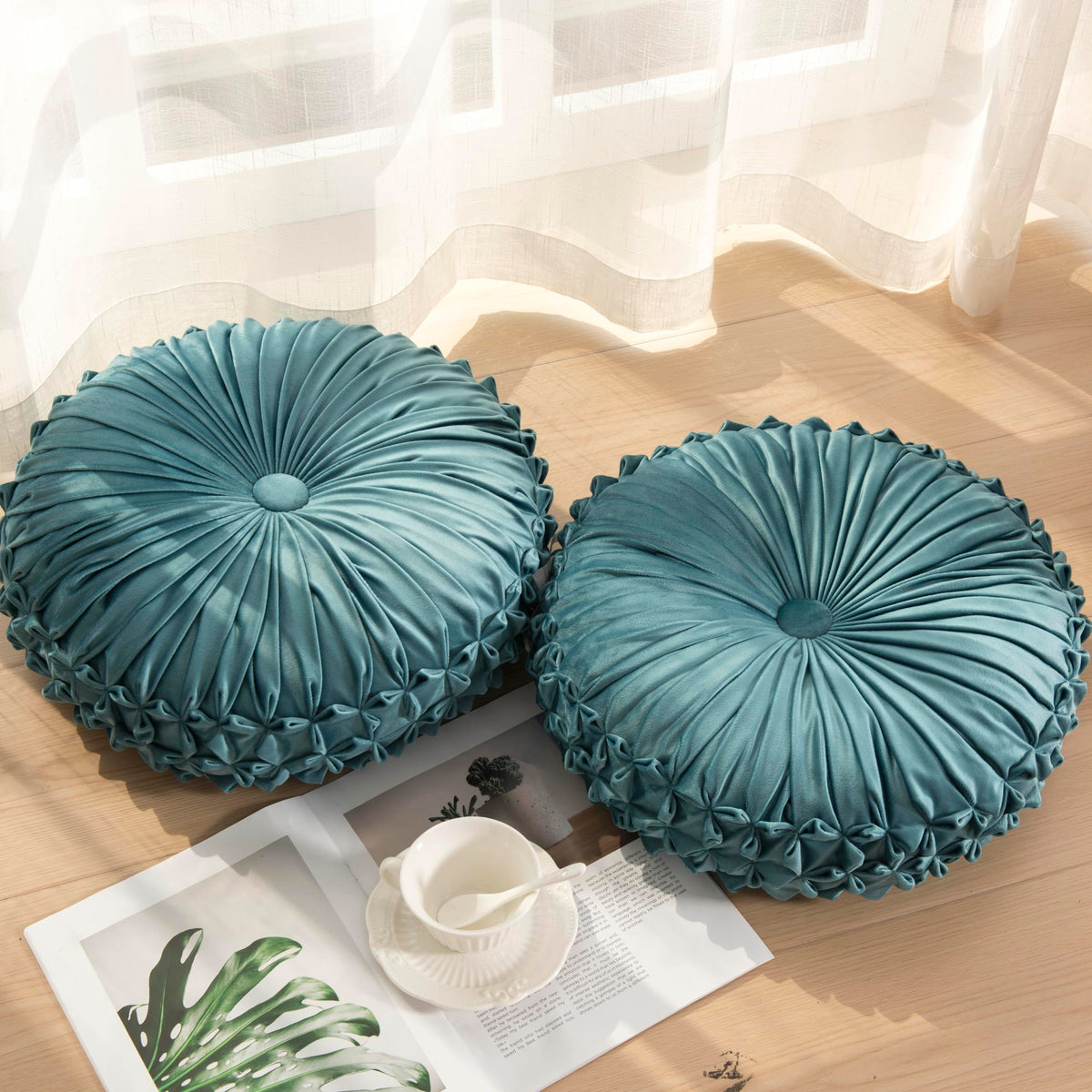 Round Throw Pillow Set of 2 – Decorative Velvet Ruched Pumpkin Pillows with Button Center, Soft Handmade Cushions for Couch Sofa Bed Farmhouse Vintage Rustic Decor, 14.5" R, Yellow