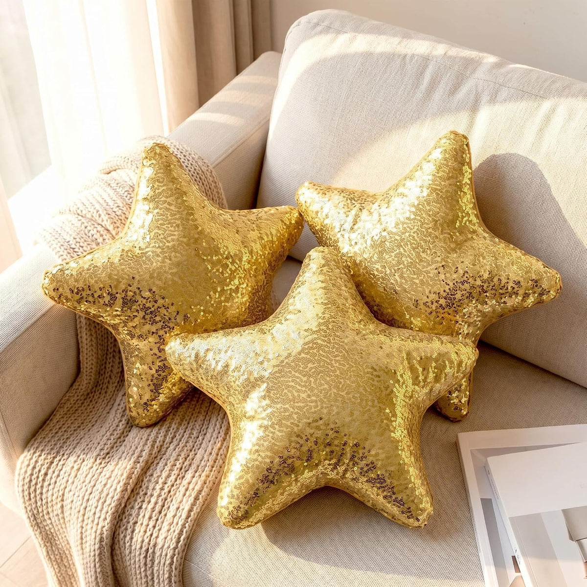 Gold Star Pillow Sequin Throw Pillows 15" Decorative Soft Fluffy