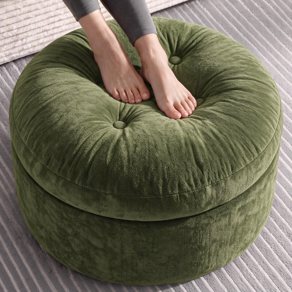 23.6in Round Pouf Ottoman, Chenille Ottoman Foot Rest with Dual‑Layer Support, Large Plush Pouf with Soft Chunk‑Foam Top & Firm Foam Base, Floor Foot Stool for Living Room, Black