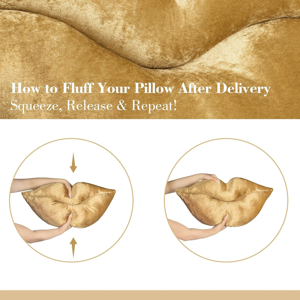 AELS 3D Large Lips Throw Pillows Smooth Soft Velvet Decorative Throw Pillows Love Pillows Cute Pillow 24 X 12 inches for Couch Sofa Bed Living Room Bedroom, Gold