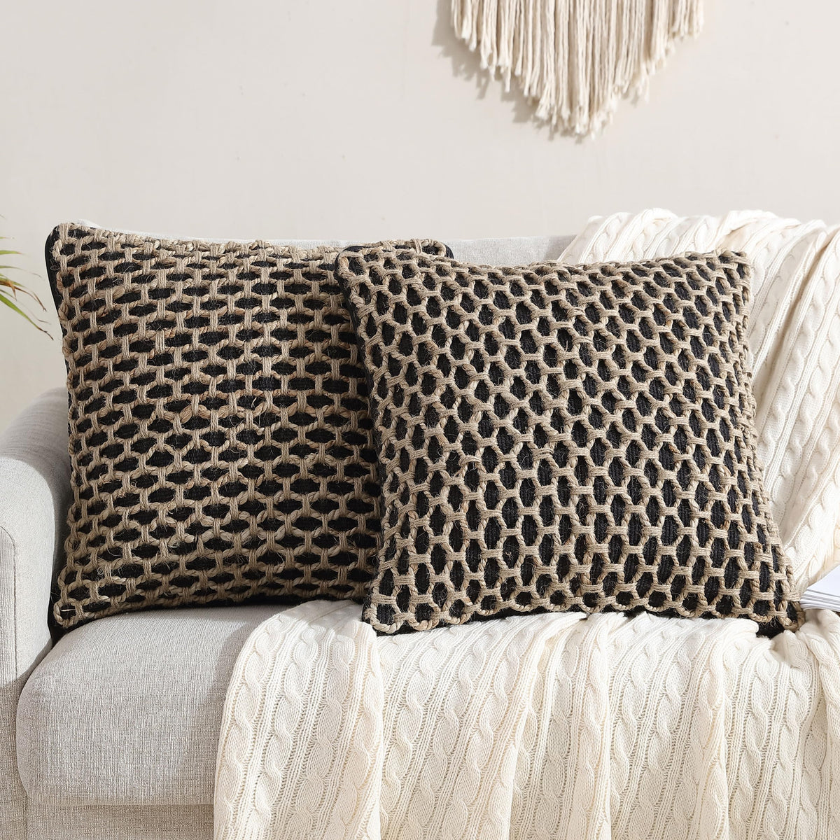 Boho Living Jada Decorative Throw, Includes Accent, Premium Woven Design, Living Room Décor, (1) 20" x 20" Pillow Cover with Insert, White