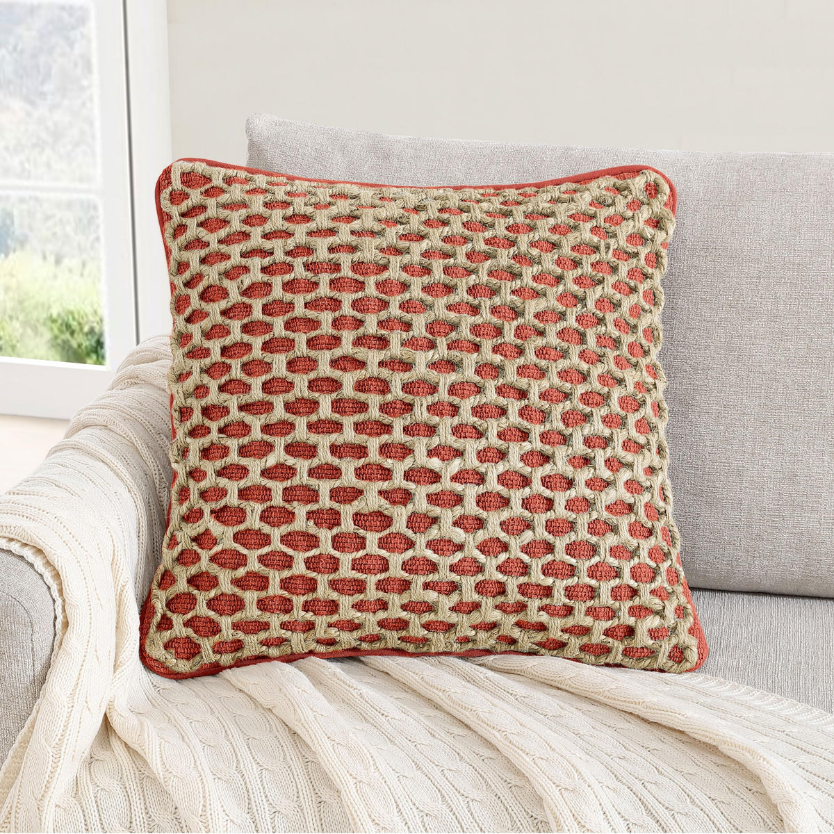 Boho Living Jada Decorative Throw, Includes Accent, Premium Woven Design, Living Room Décor, (1) 20" x 20" Pillow Cover with Insert, White