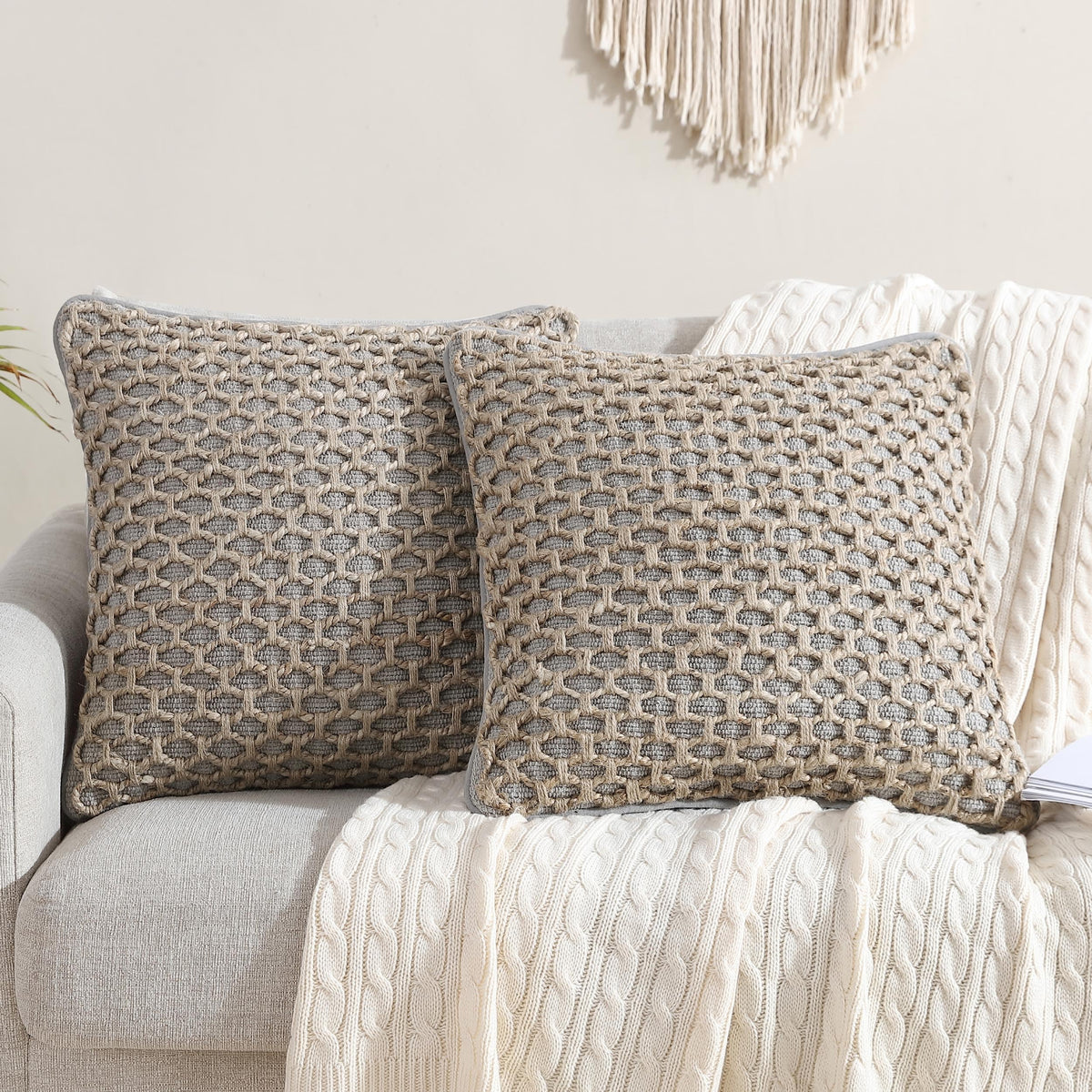 Boho Living Jada Decorative Throw, Includes Accent, Premium Woven Design, Living Room Décor, (1) 20" x 20" Pillow Cover with Insert, White