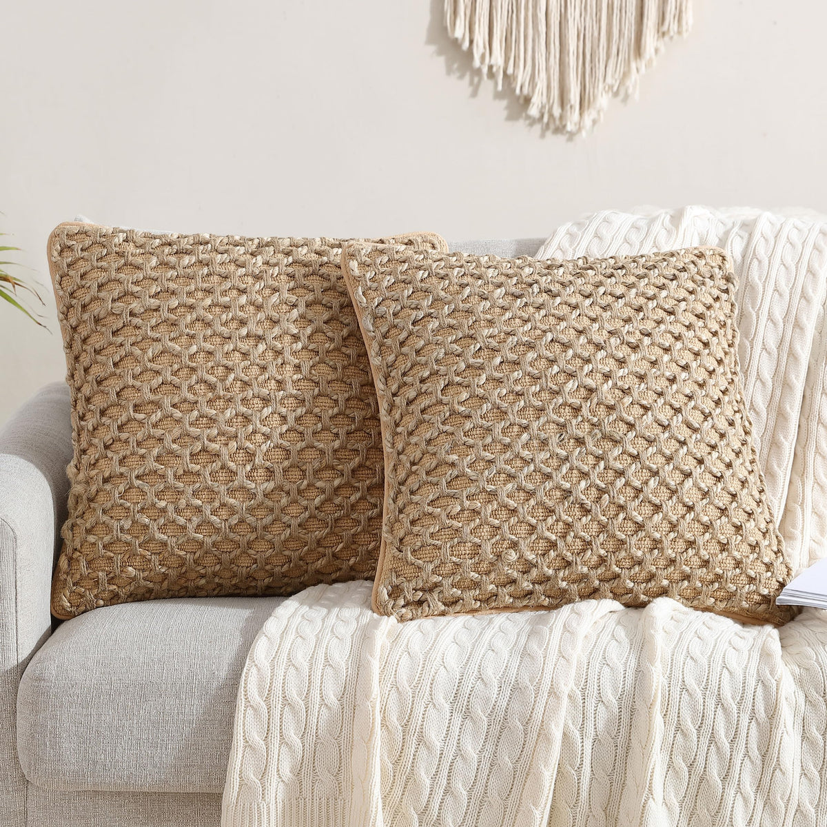 Boho Living Jada Decorative Throw, Includes Accent, Premium Woven Design, Living Room Décor, (1) 20" x 20" Pillow Cover with Insert, White