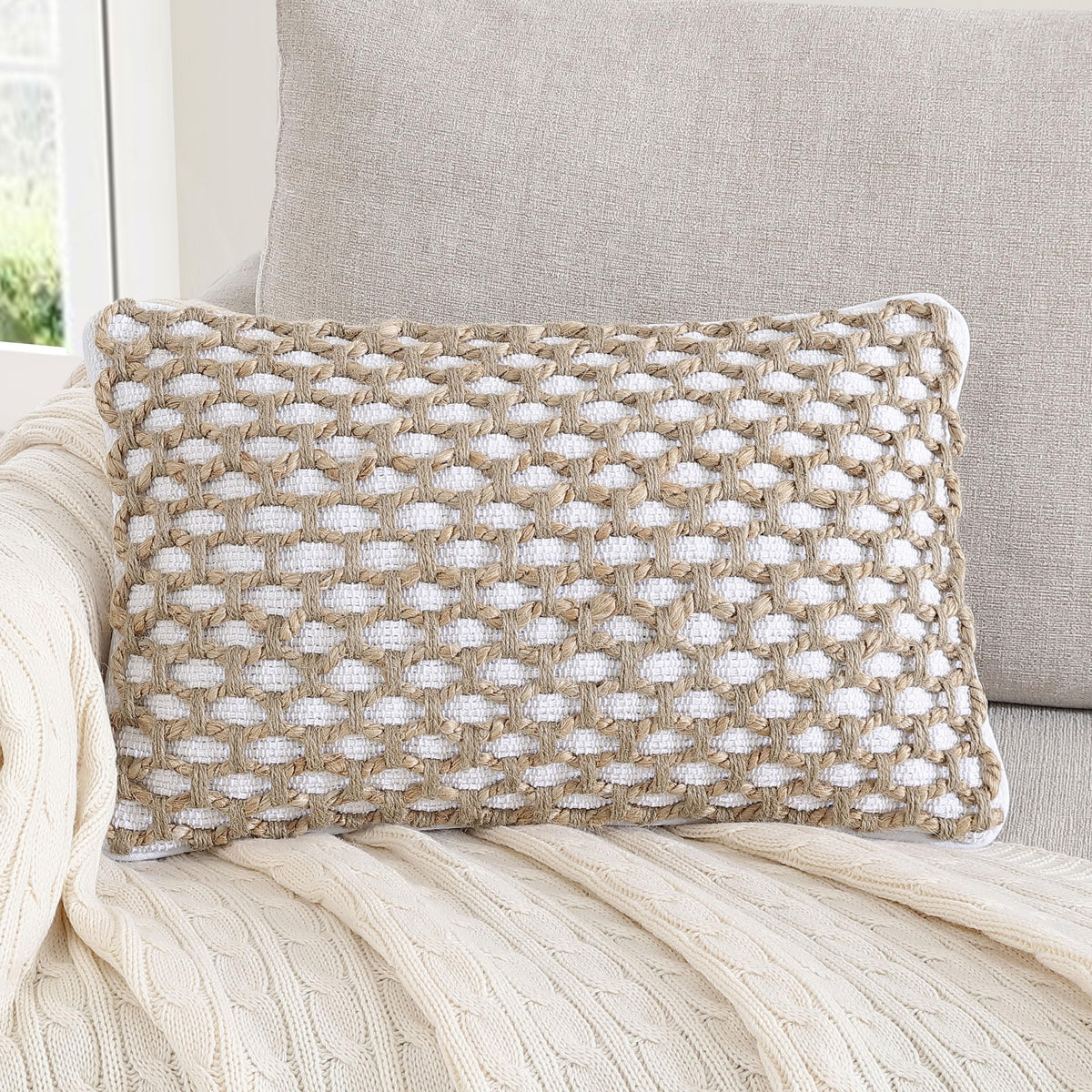 Boho Living Jada Decorative Throw, Includes Accent, Premium Woven Design, Living Room Décor, (1) 20" x 20" Pillow Cover with Insert, White
