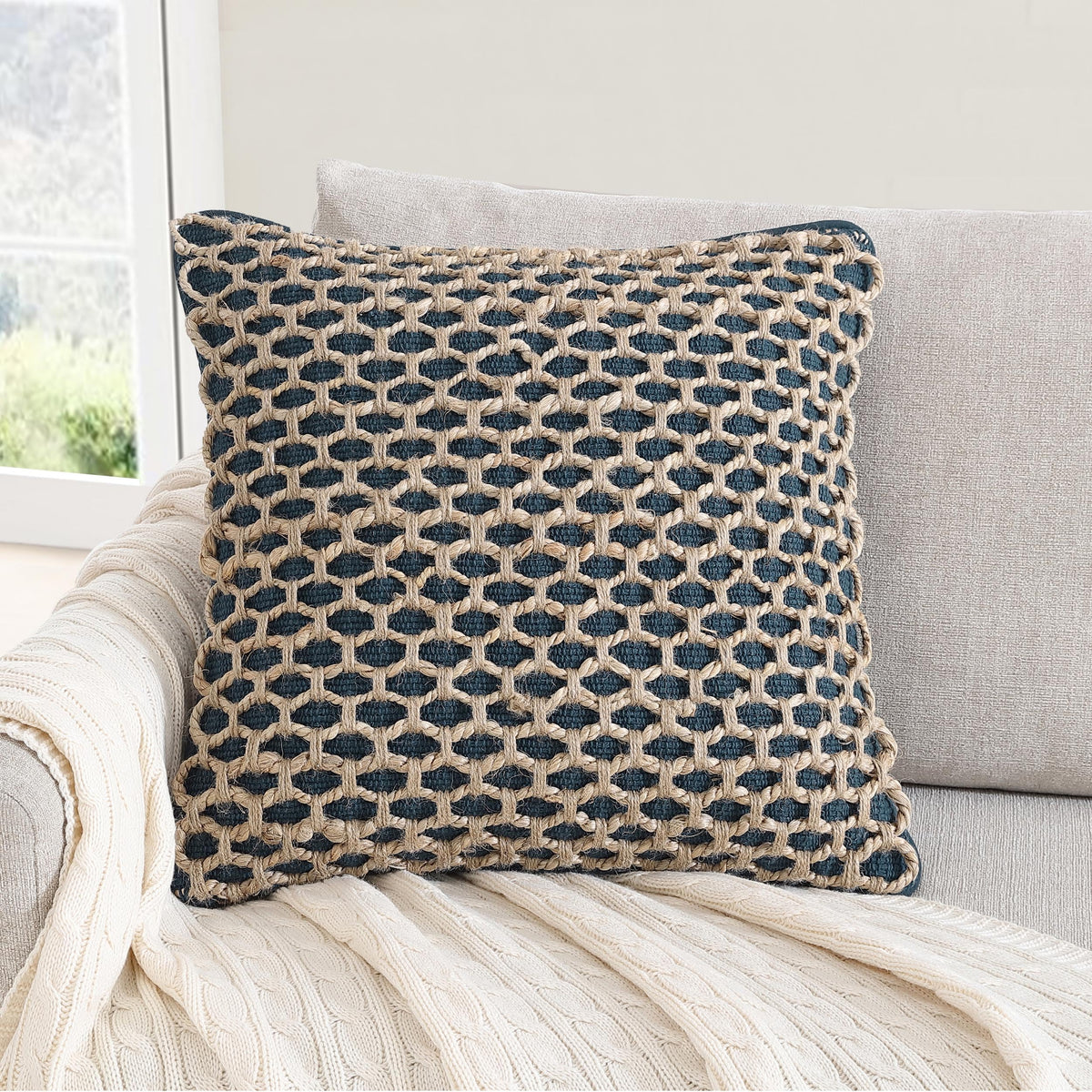 Boho Living Jada Decorative Throw, Includes Accent, Premium Woven Design, Living Room Décor, (1) 20" x 20" Pillow Cover with Insert, White