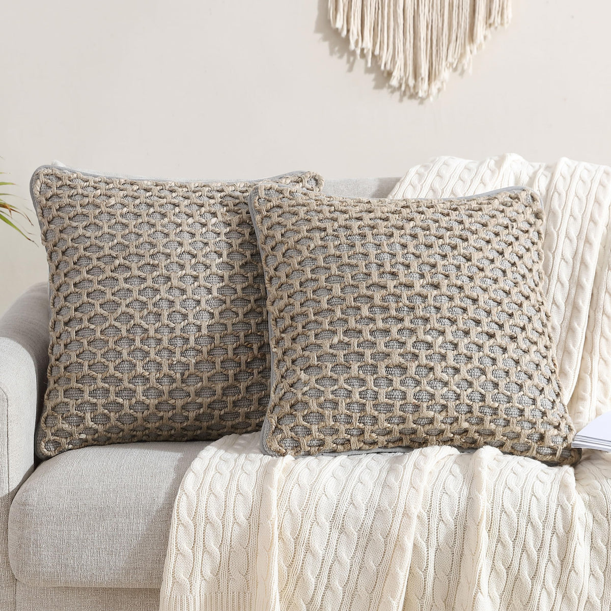 Boho Living Jada Decorative Throw, Includes Accent, Premium Woven Design, Living Room Décor, (1) 20" x 20" Pillow Cover with Insert, White