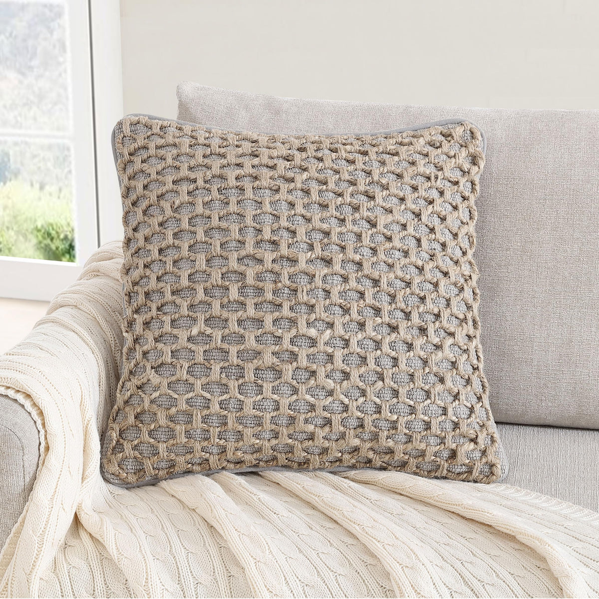 Boho Living Jada Decorative Throw, Includes Accent, Premium Woven Design, Living Room Décor, (1) 20" x 20" Pillow Cover with Insert, White