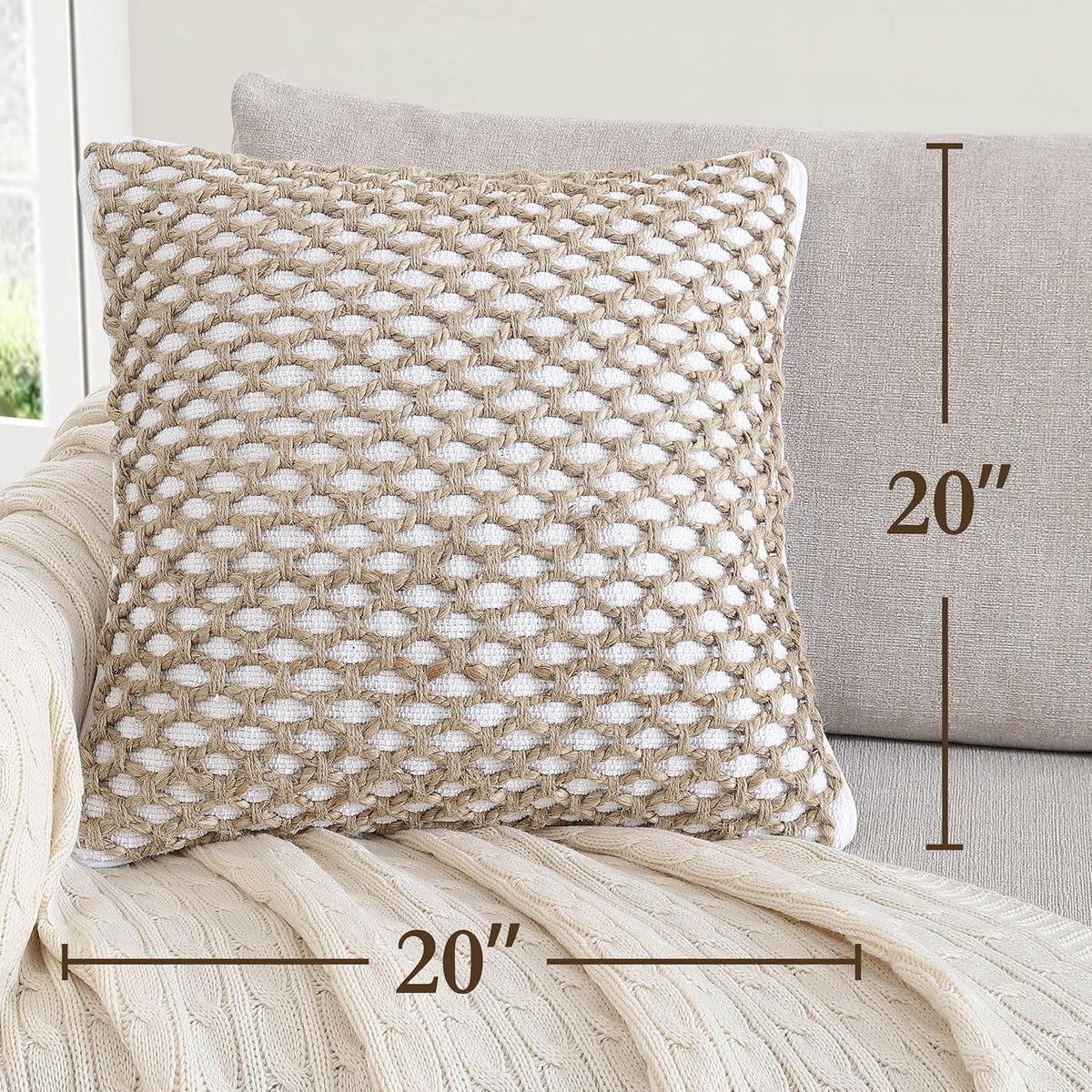 Boho Living Jada Decorative Throw, Includes Accent, Premium Woven Design, Living Room Décor, (1) 20" x 20" Pillow Cover with Insert, White