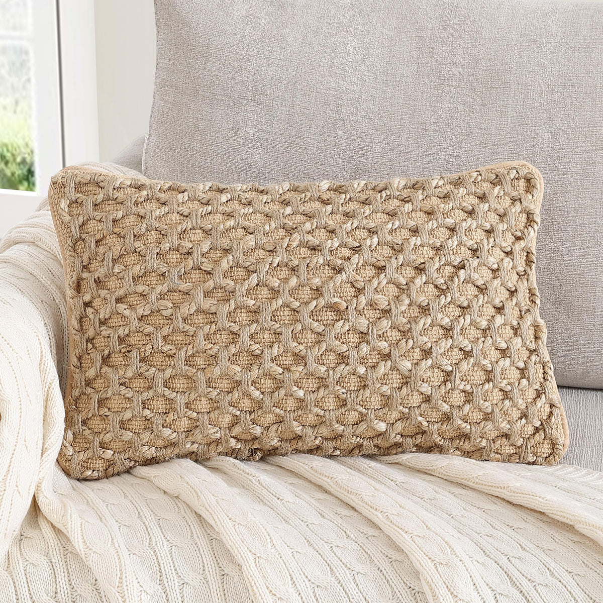 Boho Living Jada Decorative Throw, Includes Accent, Premium Woven Design, Living Room Décor, (1) 20" x 20" Pillow Cover with Insert, White