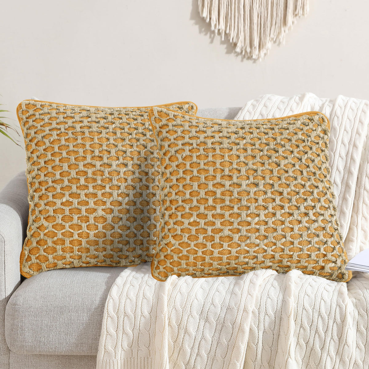 Boho Living Jada Decorative Throw, Includes Accent, Premium Woven Design, Living Room Décor, (1) 20" x 20" Pillow Cover with Insert, White