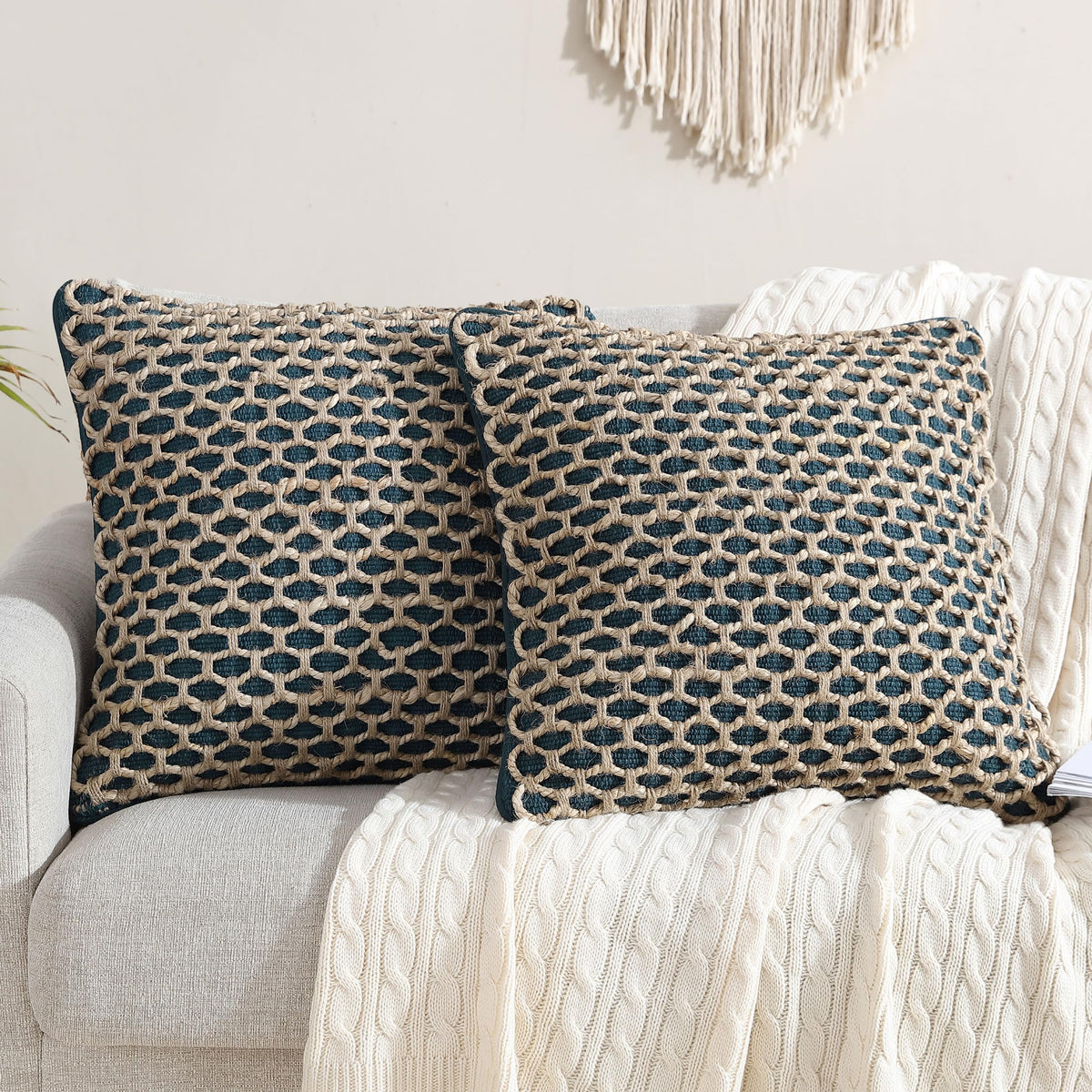 Boho Living Jada Decorative Throw, Includes Accent, Premium Woven Design, Living Room Décor, (1) 20" x 20" Pillow Cover with Insert, White