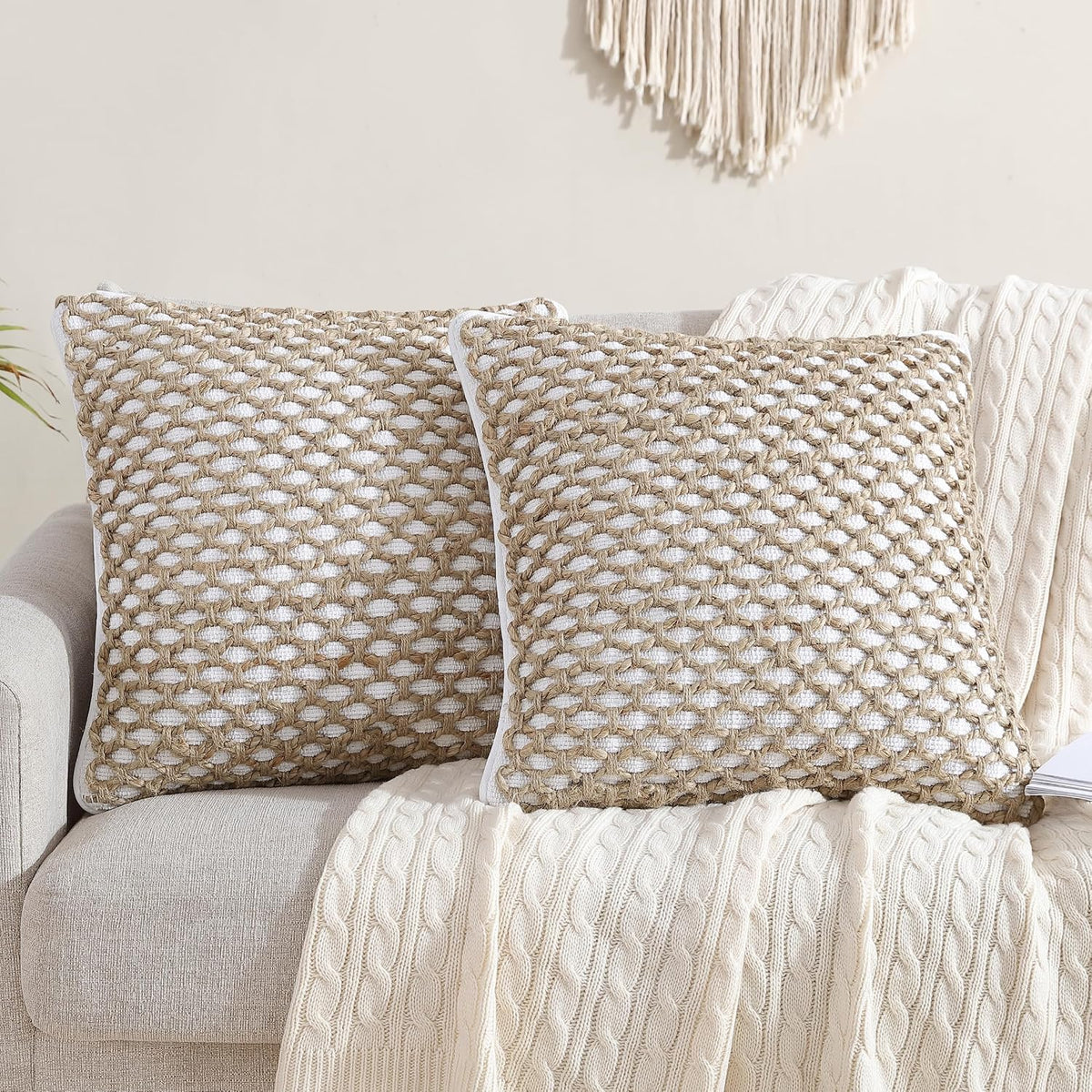 Boho Living Jada Decorative Throw, Includes Accent, Premium Woven Design, Living Room Décor, (1) 20" x 20" Pillow Cover with Insert, White