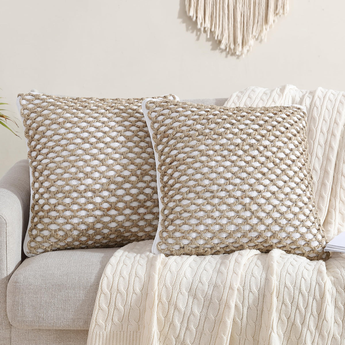 Boho Living Jada Decorative Throw, Includes Accent, Premium Woven Design, Living Room Décor, (1) 20" x 20" Pillow Cover with Insert, White